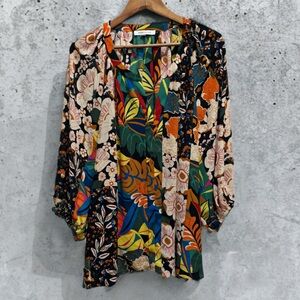 Rose + Olive Women 3X Blouse Top Multicolor Tropical Floral Patchwork 3/4 Sleeve